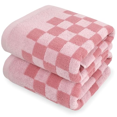 Jacquotha Soft Bath Towels for Bathroom Beach Pool (Pink Checkered), Quick Dry Cotton Shower Towels Set of 2, Cute Funny for Her Women Girls, 27.5x55 Inches - Image 1