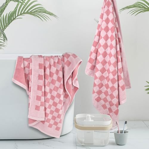 Jacquotha Soft Bath Towels for Bathroom Beach Pool (Pink Checkered), Quick Dry Cotton Shower Towels Set of 2, Cute Funny for Her Women Girls, 27.5x55 Inches - Image 2