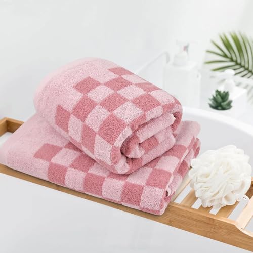 Jacquotha Soft Bath Towels for Bathroom Beach Pool (Pink Checkered), Quick Dry Cotton Shower Towels Set of 2, Cute Funny for Her Women Girls, 27.5x55 Inches - Image 5