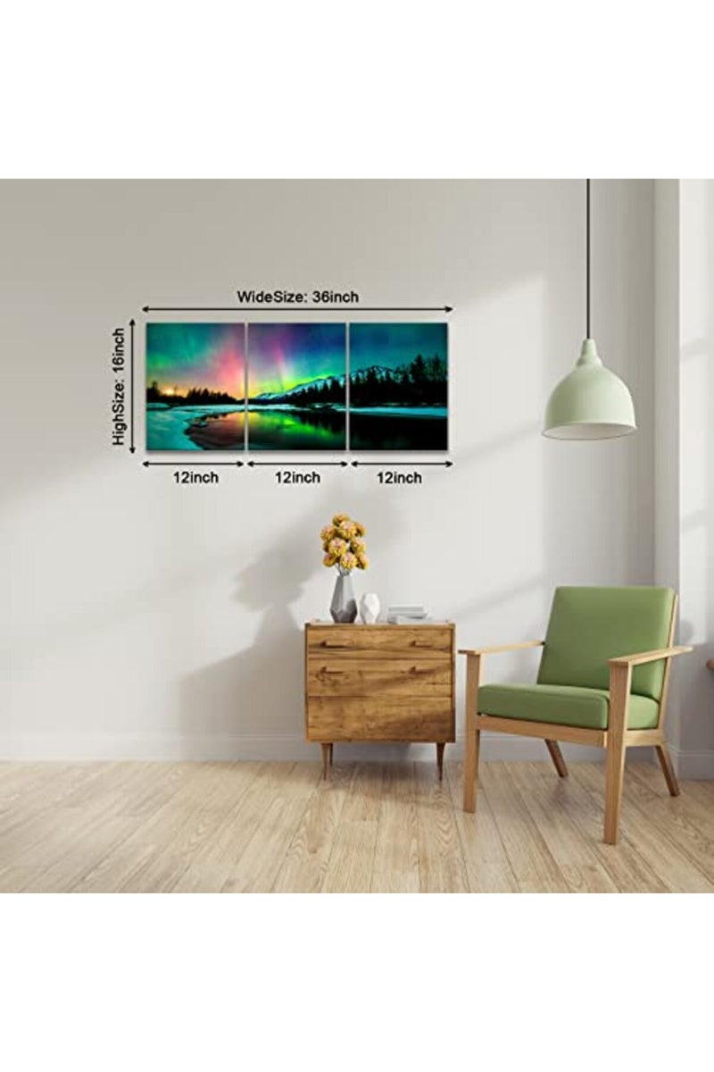KAWAHONE Sunrise Northern Lights Canvas Wall Art, Snow Mountain Woods Landscape Poster Frame, Modern Home Art Stretched and Framed Ready to Hang, 12" x 16" x 3 PCS - Image 3