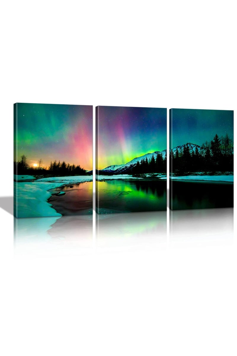 KAWAHONE Sunrise Northern Lights Canvas Wall Art, Snow Mountain Woods Landscape Poster Frame, Modern Home Art Stretched and Framed Ready to Hang, 12" x 16" x 3 PCS - Image 1