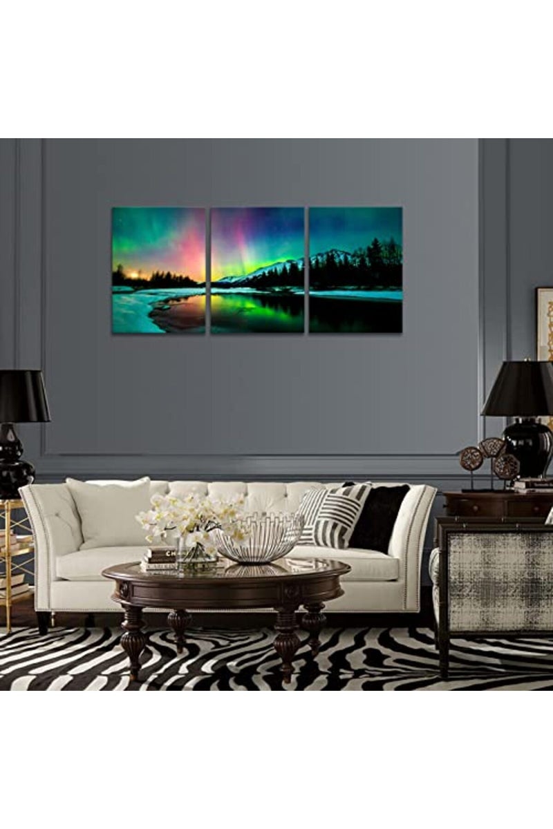 KAWAHONE Sunrise Northern Lights Canvas Wall Art, Snow Mountain Woods Landscape Poster Frame, Modern Home Art Stretched and Framed Ready to Hang, 12" x 16" x 3 PCS - Image 4