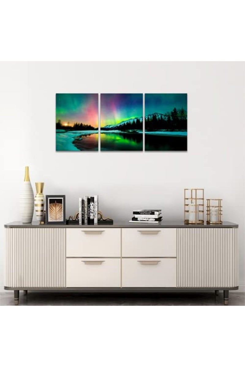 KAWAHONE Sunrise Northern Lights Canvas Wall Art, Snow Mountain Woods Landscape Poster Frame, Modern Home Art Stretched and Framed Ready to Hang, 12" x 16" x 3 PCS - Image 5