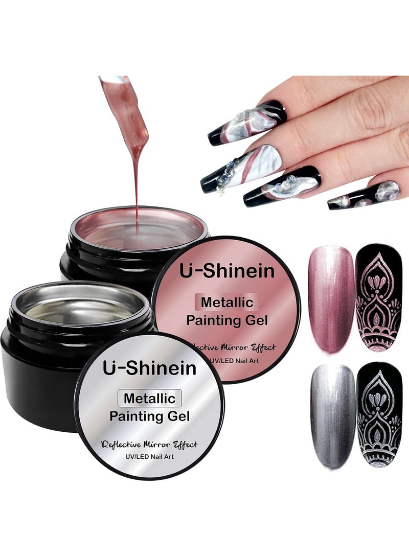 U-Shinein 2x8ml Metallic Painting Gel, Silver & Rose Pink Painted Gel Nail Polish, 3D Metal Painting Gel Drawing Mirror Nail Gel Polish Glossy French Acrylic Nail Painting UV/LED DIY Nail Art Gel 