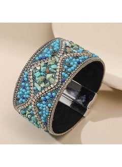 Handmade Bohemian Natural Stone Rhinestone Bead Bracelet Bangle for Women Teen Girl Boho Wrap Faux Leather Gravel Seed Wristband Bracelet Ethnic Summer Beach Jewelery