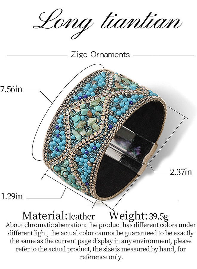Depend - Handmade Bohemian Natural Stone Rhinestone Bead Bracelet Bangle for Women Teen Girl Boho Wrap Faux Leather Gravel Seed Wristband Bracelet Ethnic Summer Beach Jewelery - Image 1