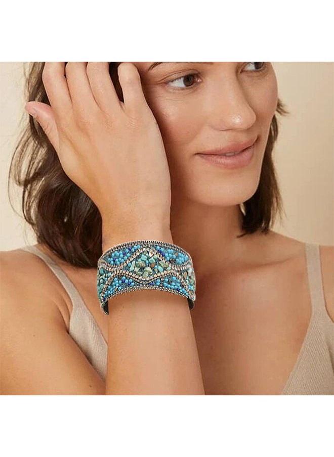 Depend - Handmade Bohemian Natural Stone Rhinestone Bead Bracelet Bangle for Women Teen Girl Boho Wrap Faux Leather Gravel Seed Wristband Bracelet Ethnic Summer Beach Jewelery - Image 1