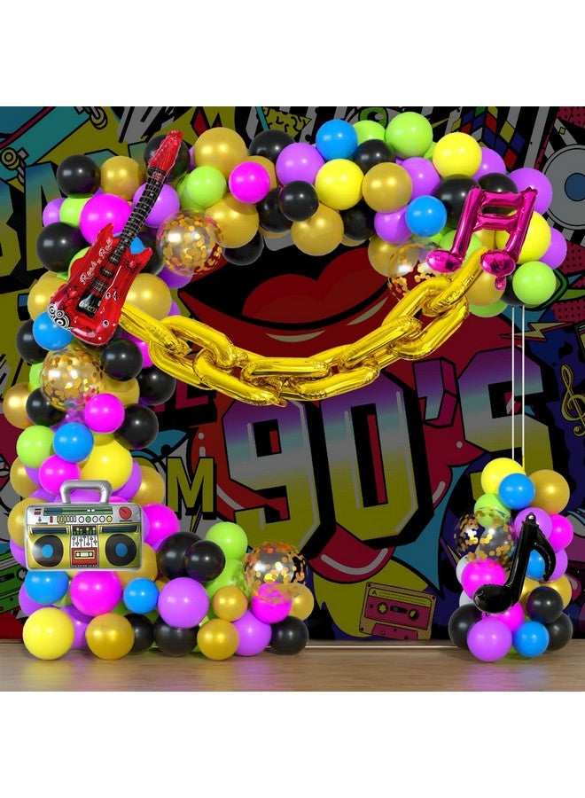 Haptda 90S 80S Themed Balloon Garland Party Decorations Purple Rose Red Green Yellow Blue Black Gold Confetti Balloons Chain Radio Guitar Music Note Foil Balloon For Back To 90'S 80'S Hip Pop Party Decor - Image 1