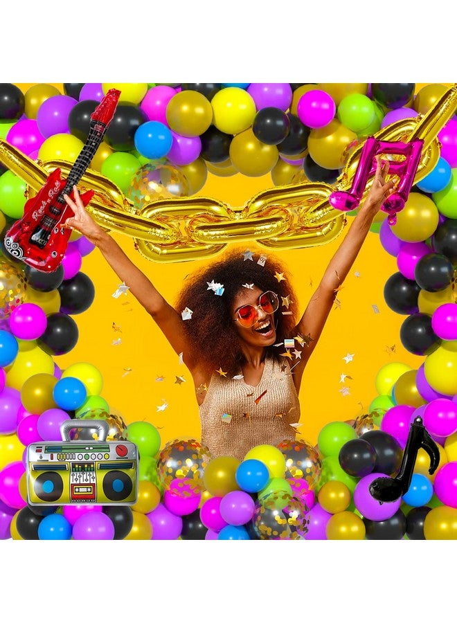 Haptda 90S 80S Themed Balloon Garland Party Decorations Purple Rose Red Green Yellow Blue Black Gold Confetti Balloons Chain Radio Guitar Music Note Foil Balloon For Back To 90'S 80'S Hip Pop Party Decor - Image 2