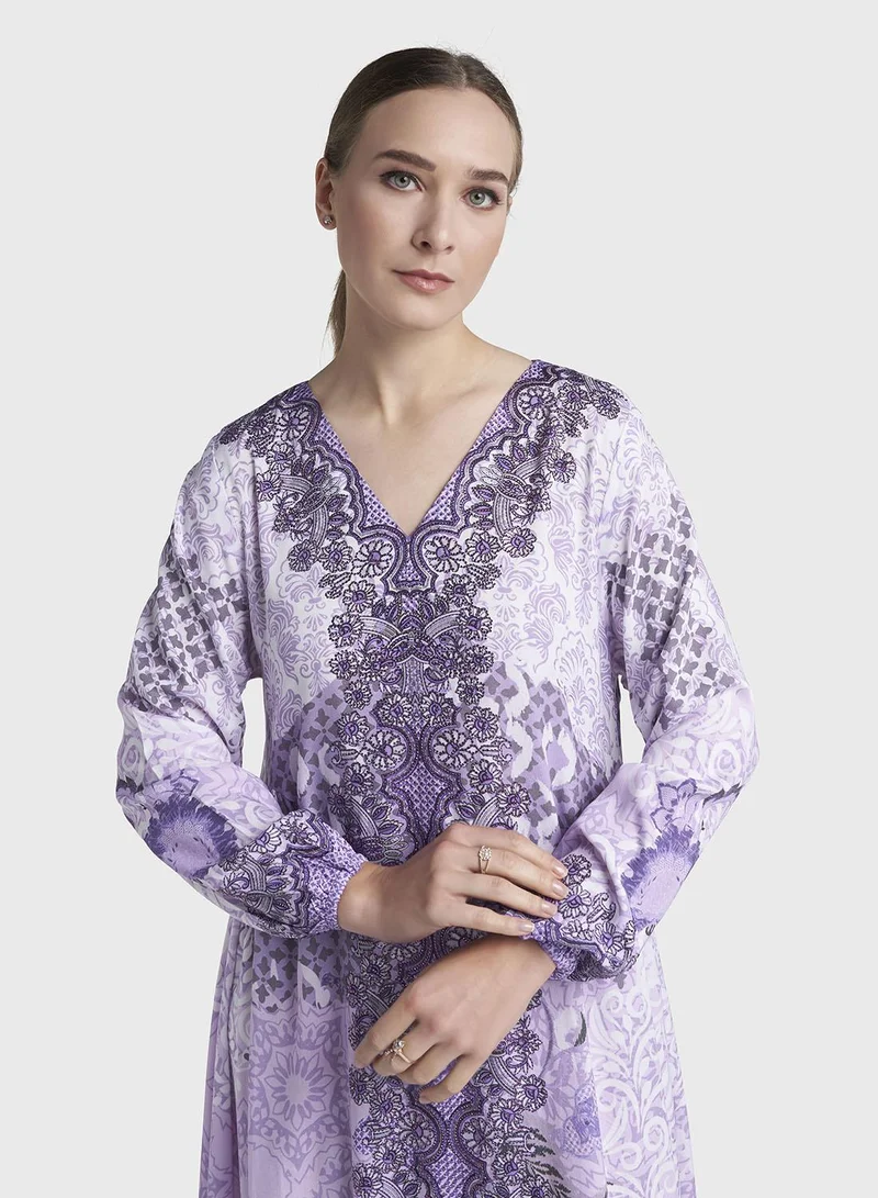 كشخة Lavender Colour Stone Work Rayon Motif Printed Jalabiya (VDC105)