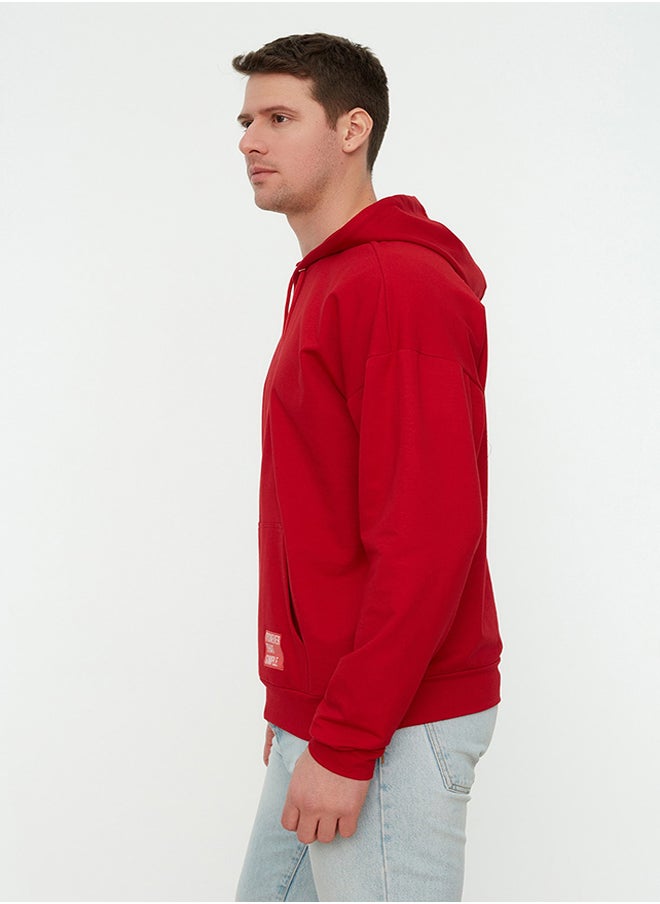 trendyol Burgundy Hooded Oversize/Wide Cut Long Sleeve Labeled Basic Cotton Sweatshirt TMNSS21SW0221  - Image 2