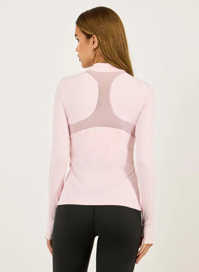 Styli Racerback Mesh & Zip Pocket Detail Half Zip Up Top