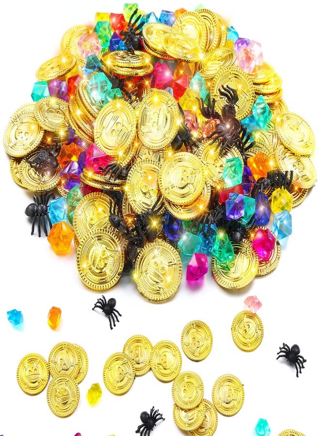 Skylety 220 Pieces Pirate Gold Coins and Gem Jewelry Set, Including 100 Pirate Gold Coins with 100 Gem and 20 Mini Black Spider Toy, Pirate Game Supplies for Halloween Pirate Themed Events - Image 1