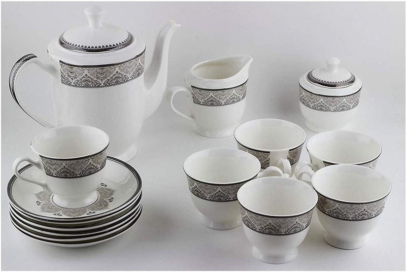 E-EZRA Fine Bone China Tableware Serving Tea & Coffee Tea Set Kettle Grey (15 Pcs)
