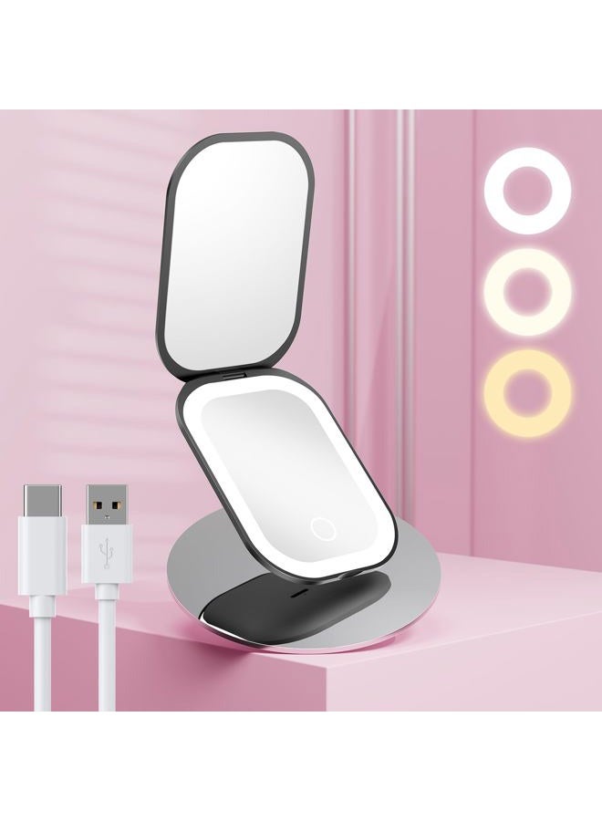 Benbilry Compact Mirror with 3 Color LED Lights, Rechargeable & 360° Light Strip & Memory Function, 1X/3X Travel Mirror, Ultra Slim Pocket Mirror, Small Lighted Compact Makeup Mirror for Purse, Black - Image 1