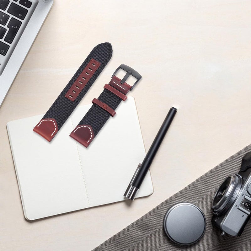 22mm Smart Watch Wrist Band Nylon Leather Strap Vintage Style Black Wide Replacement for Men and Women Compatible with Fitness - Image 2