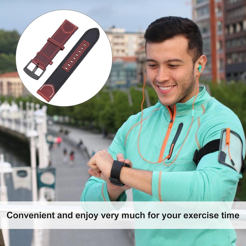 22mm Smart Watch Wrist Band Nylon Leather Strap Vintage Style Black Wide Replacement for Men and Women Compatible with Fitness - Image 3