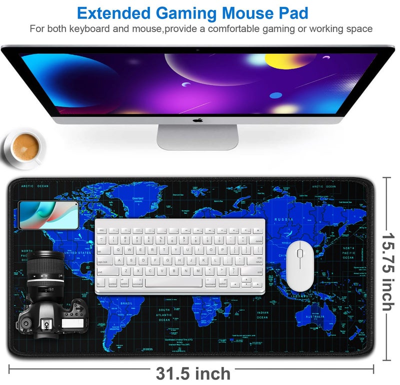 Naukay Gaming Mouse Pad, 31.5x15.7 inch Large Extended Computer Keyboard Mouse Mat, Water Resist Non-Slip Mousepad Rubber Base Long XXL Desk Mouse Pad for Work & Gaming, Office & Home, Blue Map - Image 2