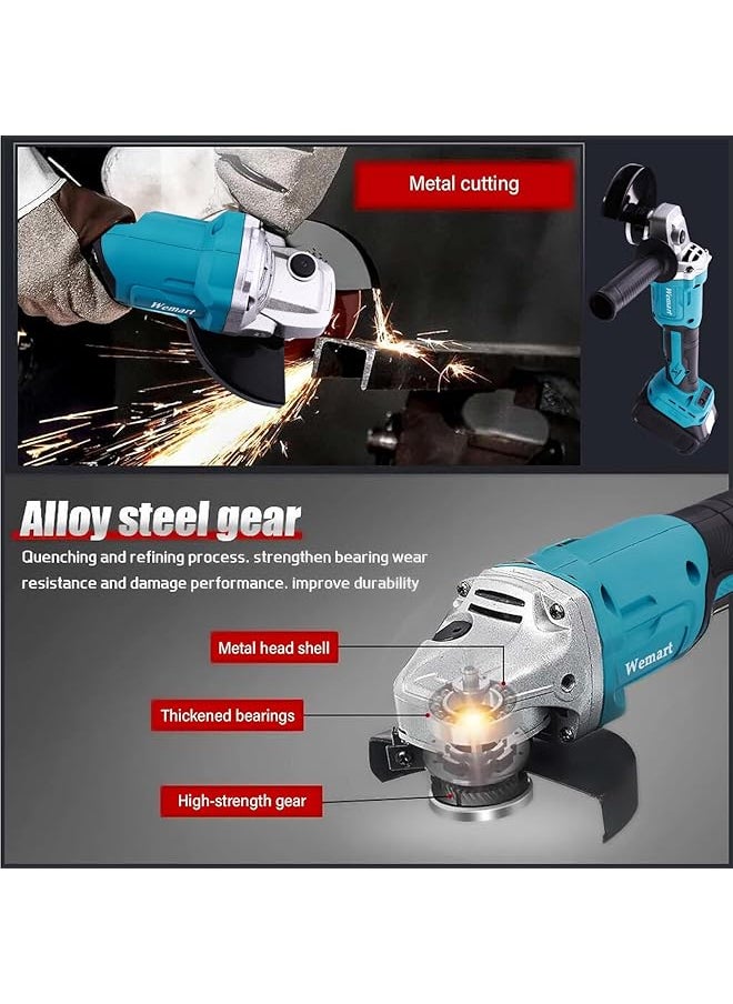 WEMART - Cordless Angle Grinder 20V Brushless Angle Grinder Kit Dual Battery And 3 Speed Adjustment 125Mm 8500Rpm Professional Electric Angle Grinders For Cutting Grinding Blue - Image 1