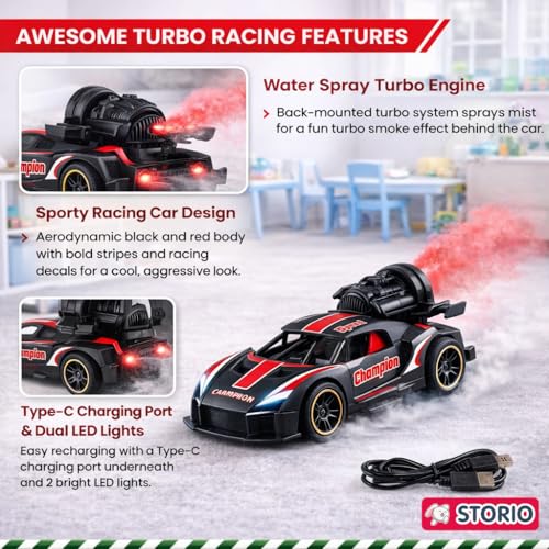 Storio Rechargeable Remote Control Metal Die-Cast Racing Car with Real Smoke Effect | Pull Back Action RC Sports Car for Kids | Durable, Stylish & Fun Vehicle for Boys - Red - Image 2
