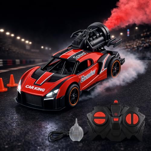 Storio Rechargeable Remote Control Metal Die-Cast Racing Car with Real Smoke Effect | Pull Back Action RC Sports Car for Kids | Durable, Stylish & Fun Vehicle for Boys - Red - Image 1