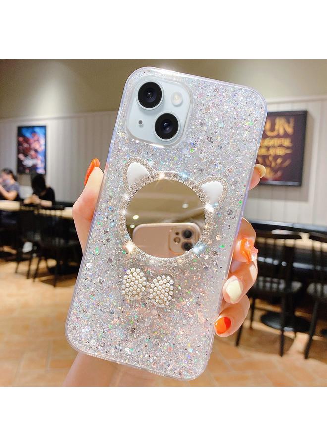 اس-توب جراب لهاتف iPhone 13 مصنوع من مادة TPU الإيبوكسي ذات المرآة المرصعة بالترتر والألماس وأذني القطة - Image 1