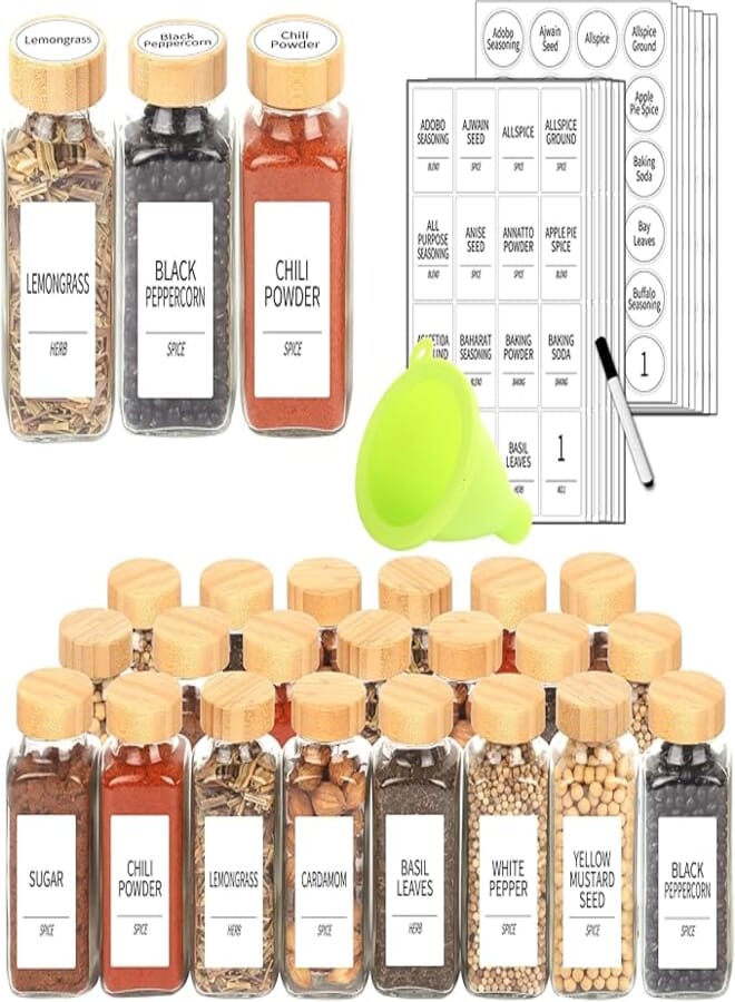 SWOMMOLY 24 Pcs Glass Spice Jars with Labels, 8 oz Spice Jars with Bamboo Lids, Empty Square Spice Bottles with Shaker Lids, Spice Containers with White Spice Labels Stickers