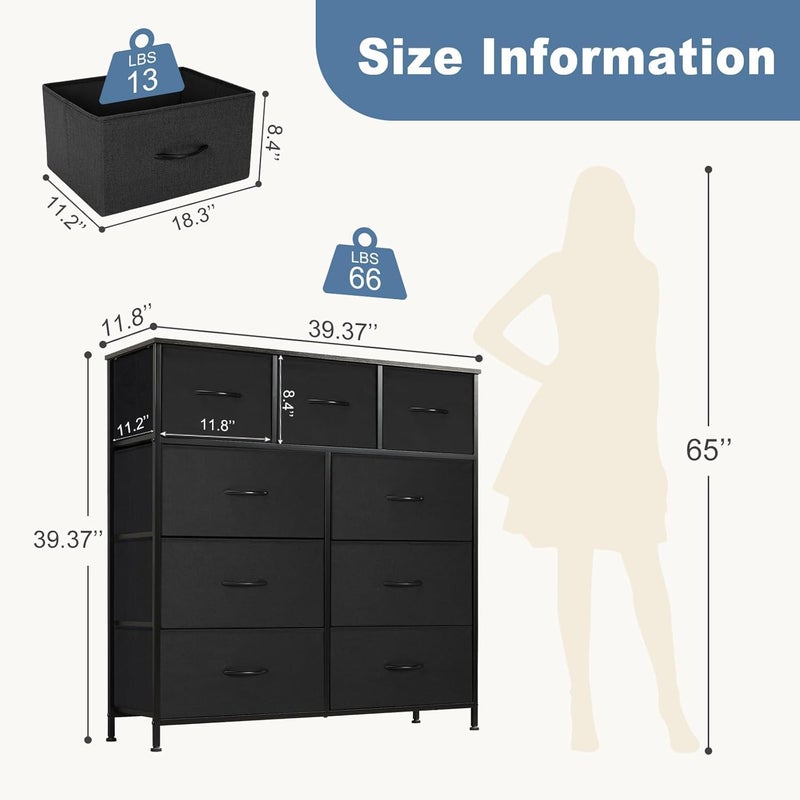 Bentifar 9-Drawer Dresser, Fabric Storage Dresser, Tall Chest Organizer Unit, Fabric Organizer for Closet, Bedroom, Living Room, Hallway (Black) - Image 3