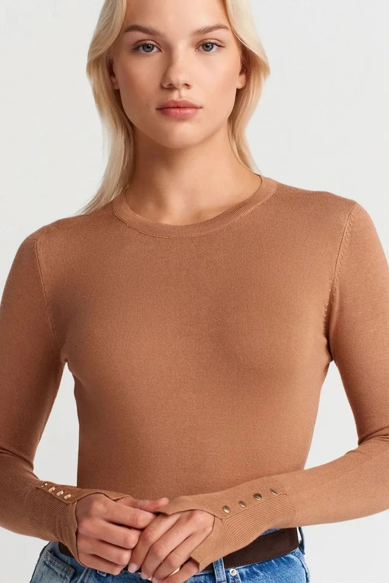 Dilvin Camel Brown DILVIN Ribbed Crew Neck Slim Fit Sweater for Women | Best Price UAE