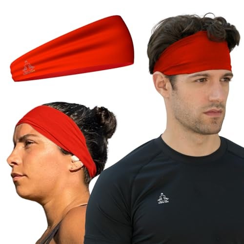 Temple Tape, Headbands for Men and Women - Mens Sweatband & Sports Headband Moisture Wicking Workout Sweatbands for Running, Cross Training, Yoga and Bike Helmet Friendly - Red - Image 1