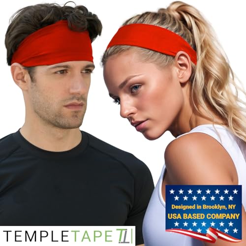 Temple Tape, Headbands for Men and Women - Mens Sweatband & Sports Headband Moisture Wicking Workout Sweatbands for Running, Cross Training, Yoga and Bike Helmet Friendly - Red - Image 3