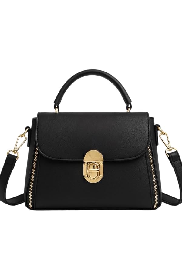DAISY ROSE Women’s Stylish Faux Leather Crossbody Sling Bag with Adjustable Strap & Top Handle – Compact Shoulder Handbag with Front Zipper Pockets – Beige (Black) - Image 1