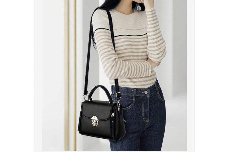 DAISY ROSE Women’s Stylish Faux Leather Crossbody Sling Bag with Adjustable Strap & Top Handle – Compact Shoulder Handbag with Front Zipper Pockets – Beige (Black) - Image 4