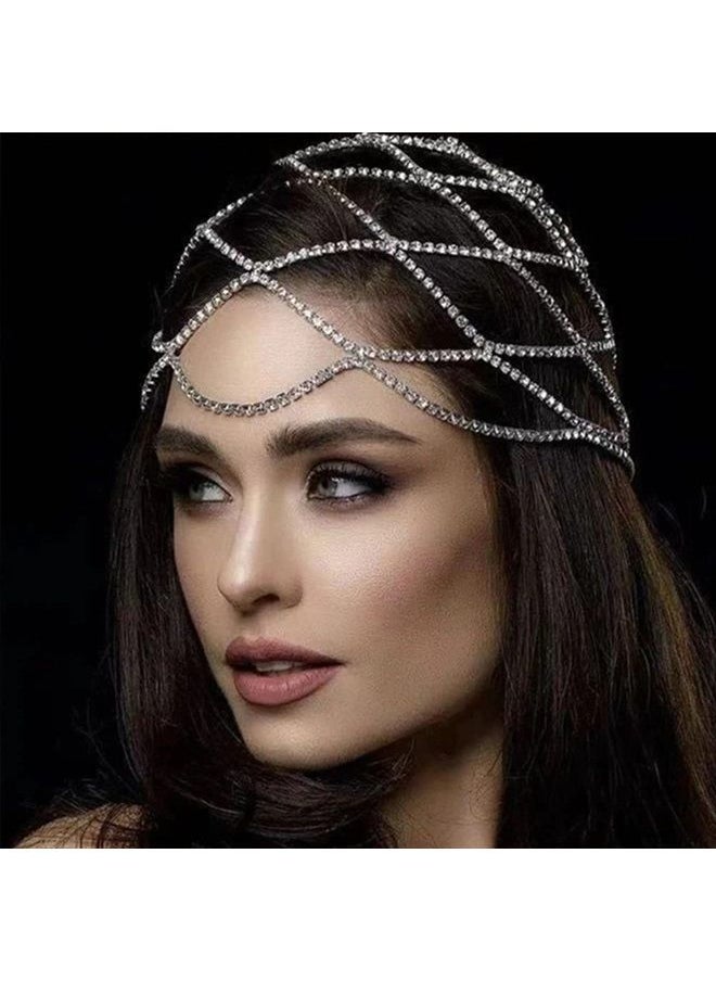STONEFANS - StoneFans Rhinestone Mesh Headpiece Cap Silver Roaring 20s Crystal Flapper Head Chain Bridal Party Hair Accessories for Women Girls (Silver) - Image 1