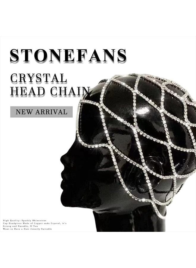 STONEFANS - StoneFans Rhinestone Mesh Headpiece Cap Silver Roaring 20s Crystal Flapper Head Chain Bridal Party Hair Accessories for Women Girls (Silver) - Image 1