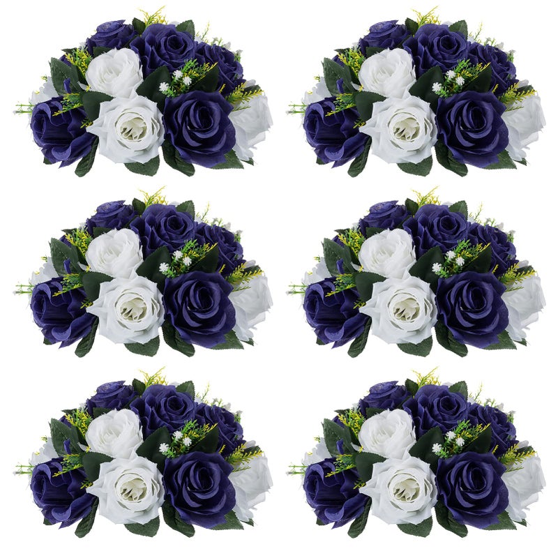 NUPTIO Artificial Flower Centrepieces for Tables - 6 Pcs Navy Blue & White Fake Flowers Roses Balls 9.5in Diameter - Silk Faux Rose Arrangement for Wedding Party Centerpiece Table Decorations - Image 1