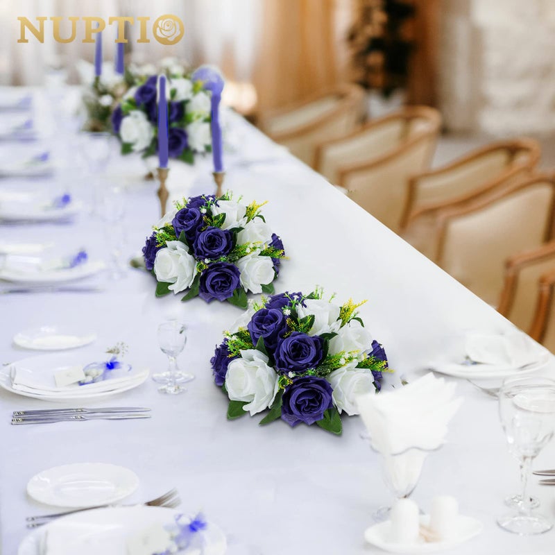 NUPTIO Artificial Flower Centrepieces for Tables - 6 Pcs Navy Blue & White Fake Flowers Roses Balls 9.5in Diameter - Silk Faux Rose Arrangement for Wedding Party Centerpiece Table Decorations - Image 2
