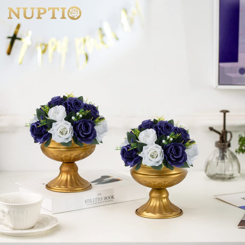 NUPTIO Artificial Flower Centrepieces for Tables - 6 Pcs Navy Blue & White Fake Flowers Roses Balls 9.5in Diameter - Silk Faux Rose Arrangement for Wedding Party Centerpiece Table Decorations - Image 4
