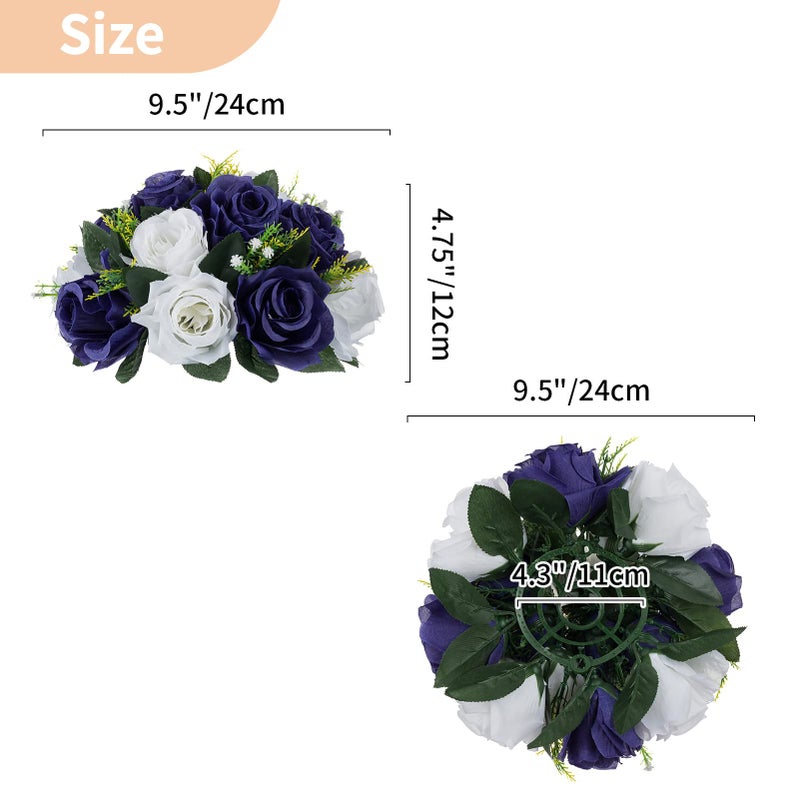 NUPTIO Artificial Flower Centrepieces for Tables - 6 Pcs Navy Blue & White Fake Flowers Roses Balls 9.5in Diameter - Silk Faux Rose Arrangement for Wedding Party Centerpiece Table Decorations - Image 5