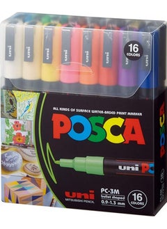 POSCA Paint Marker Pen - PC-3M Extra Fine 0.9-1.3 mm, 16 Colors, Bulled Shaped  - Image 1