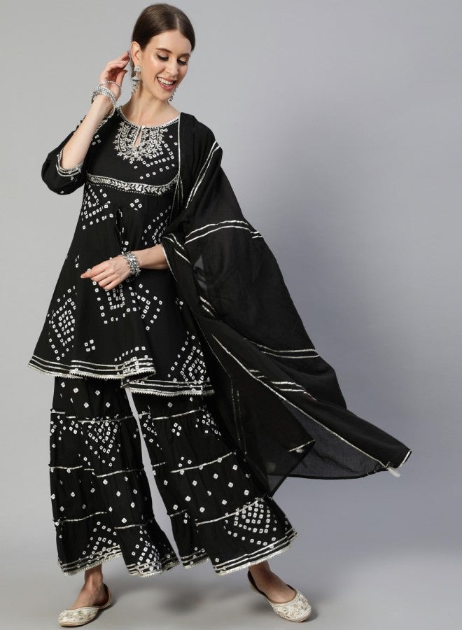 ISHIN Women's Black 100% Cotton Embroidered A-Line Kurta Set - Image 1