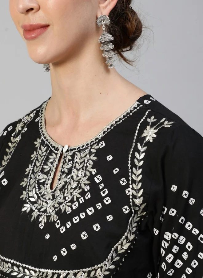 ISHIN Women's Black 100% Cotton Embroidered A-Line Kurta Set