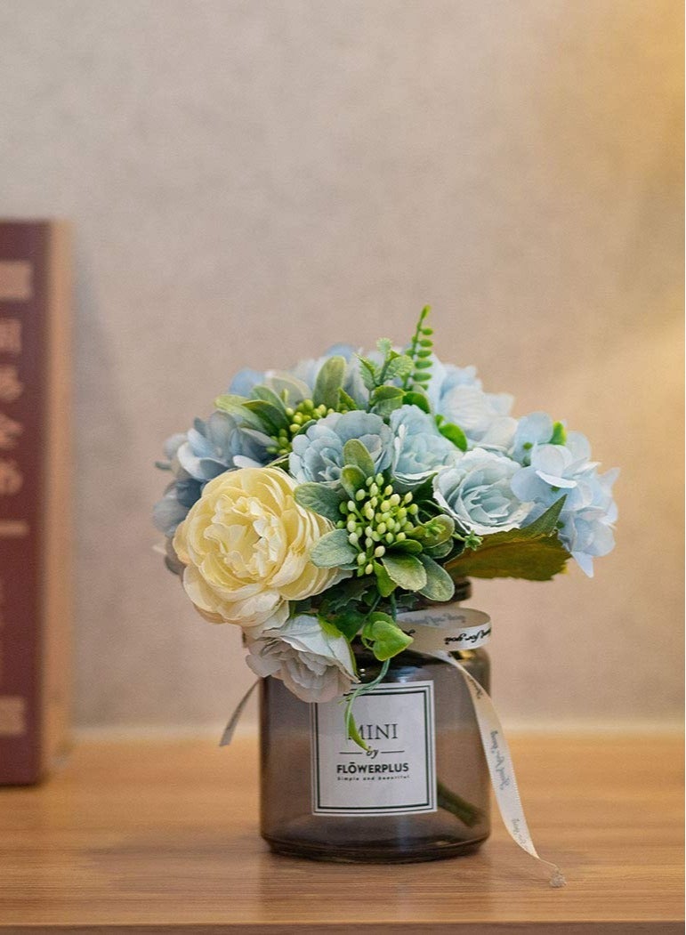 Excefore Artificial Flowers With Vases, Fake Flowers Rose Bouquet Table Decoration, Hydrangea Artificial Flower Table Wedding Party Family Bedroom Living Room Table Decoration  - Image 3
