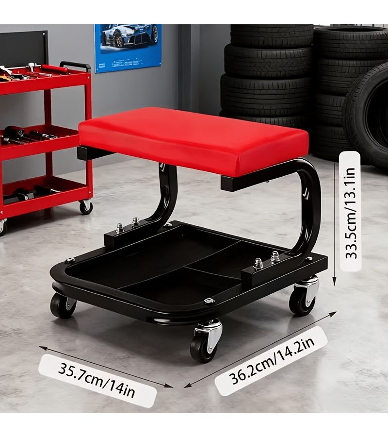 Red Black Heavy Duty Rolling Car Repair Stool with Tool Tray and Shelf - Image 3