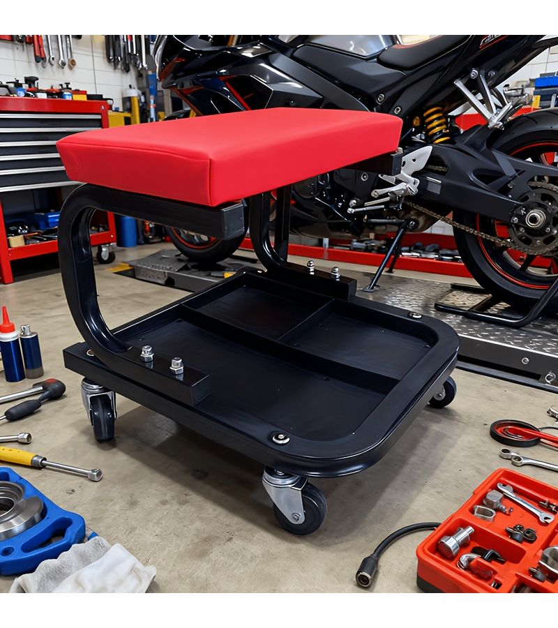 Red Black Heavy Duty Rolling Car Repair Stool with Tool Tray and Shelf - Image 4
