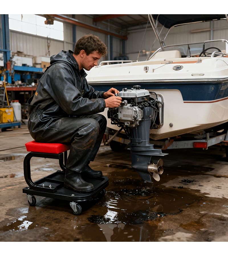 Red Black Heavy Duty Rolling Car Repair Stool with Tool Tray and Shelf - Image 1