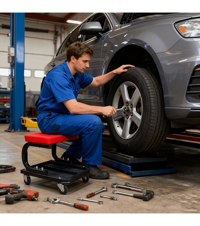 Red Black Heavy Duty Rolling Car Repair Stool with Tool Tray and Shelf - Image 2