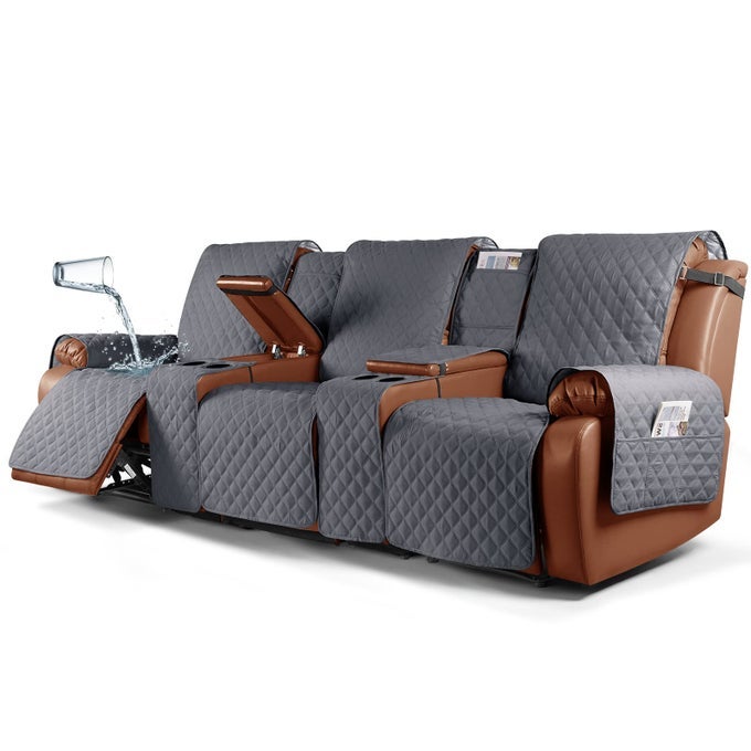 WATERPROOF RECLINER SOFA COVER WITH CONSOLE NONSLIP COUCH COVERS FOR RECLINING COUCHES PET COVER FOR DOUBLE RECLINER SOFA COVER WITH ELASTIC STRAPS FOR KID DOGS PETS DARK GREY 3 SEATER