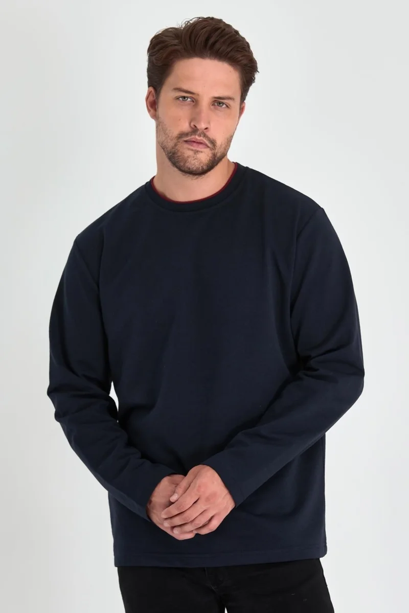 mmetalic Men's Navy Blue Double Crew Neck Standard Relaxed Cut Sweatshirt MTLCE68-LACIVERT