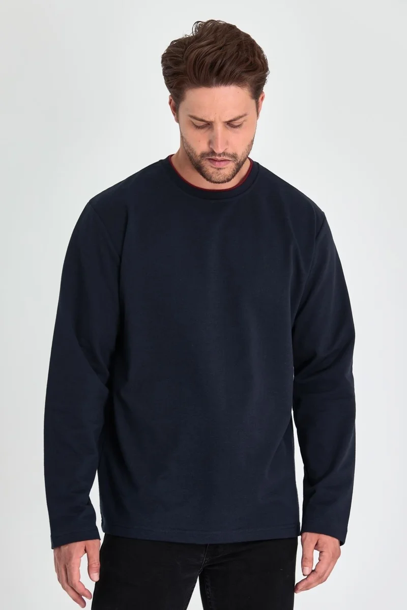 mmetalic Men's Navy Blue Double Crew Neck Standard Relaxed Cut Sweatshirt MTLCE68-LACIVERT